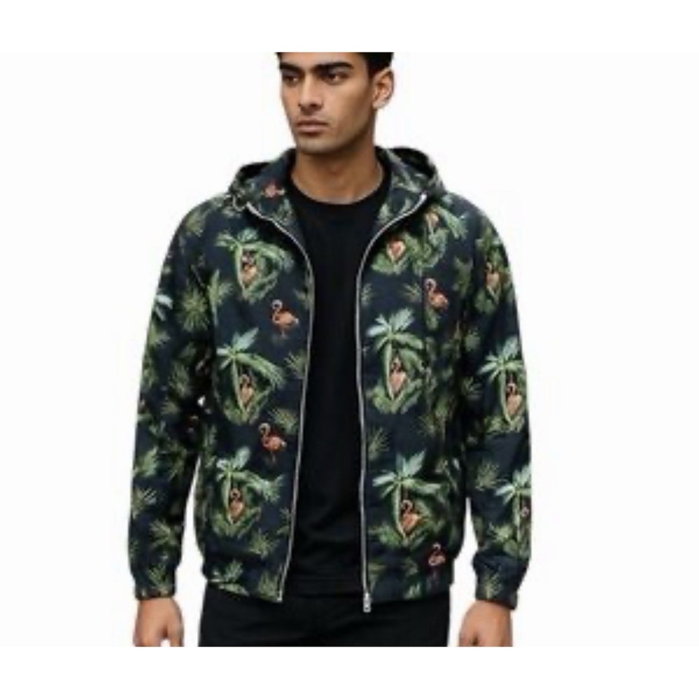 Men's Denim & Flower Flamingo/Palms Hooded Zip Jacket Sz Medium
